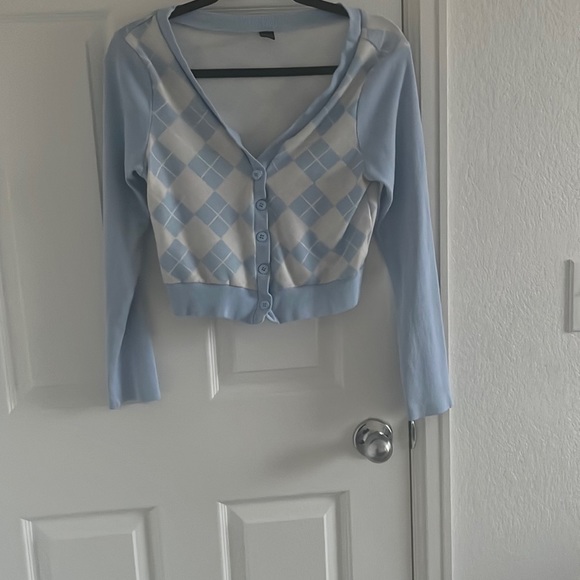 Blue and white checkered bottom up cardigan - Picture 1 of 3